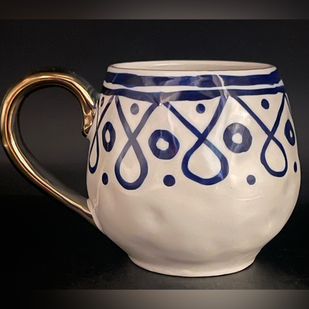 Blue & White Ceramic Mug w/ Gold Handle | Boho Geometric Coffee Cup